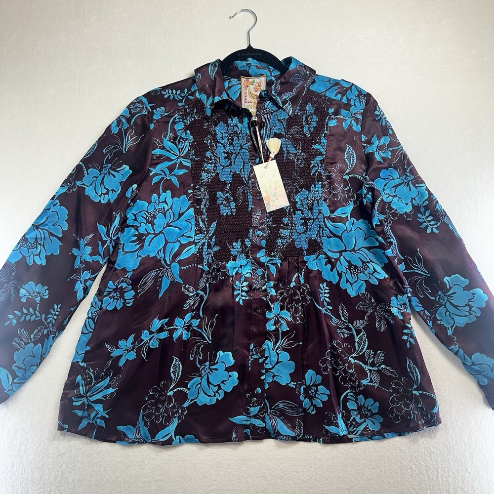 Johnny Was Smocked‎ Tuxedo Shirt Alexandria Burgundy Small NWT